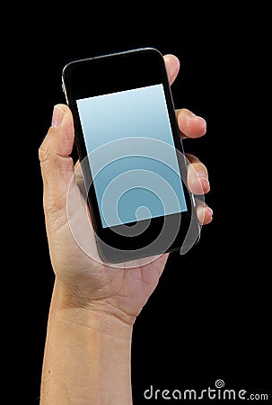 Hand of man holding modern smartphone or cell phone with blank display screen as copy space Stock Photo