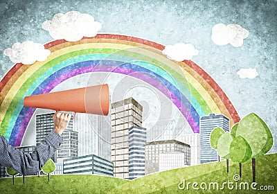 Hand of man holding orange paper trumpet against illustrated background Stock Photo