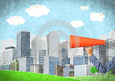 Hand of man holding orange paper trumpet against illustrated background Stock Photo