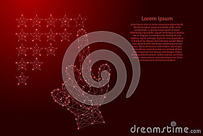 Hand man with index finger putting down rating stars from futuristic polygonal red lines and glowing stars for banner, poster, Vector Illustration