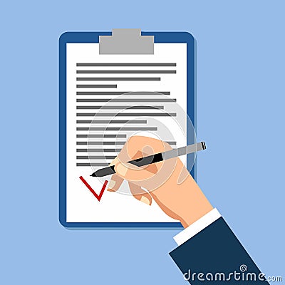 Hand of man with a pen close-up in flat style Vector Illustration