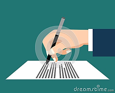 Hand of man with a pen close-up in flat style, vector. Vector Illustration