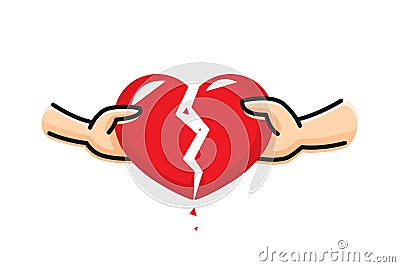 The hand of a man and the hand of a woman break the heart. Breakup heart concept. Crisis relationship divorce. Unhappy love, Vector Illustration
