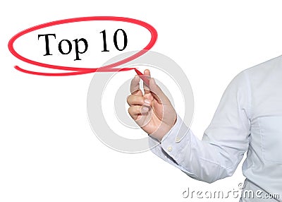 Hand of man write text Top 10 with black color isolated on white Stock Photo