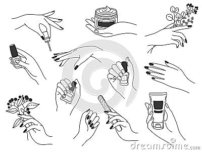 Hand manicure and care. Female logos for nail cosmetics and beauty spa salon. Hands paint, file nails, holding polish Vector Illustration