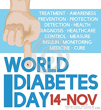 Hand Measuring Glucose Levels with Precepts of World Diabetes Day, Vector Illustration Vector Illustration