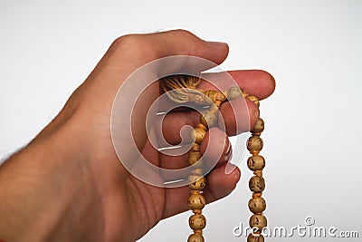 Hand meditation on Japa Mala Tulsi Beads Stock Photo