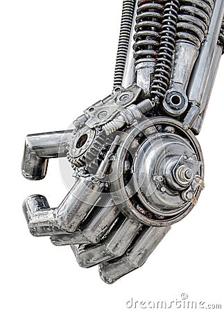 Hand of Metallic cyber or robot made from Mechanical ratchets bolts and nuts Stock Photo