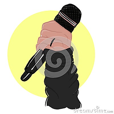 Hand with mic for singing a rocking song on stage with selective focuss Stock Photo