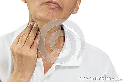 Hand of middle aged man was groping,checking the pain and swelling in the neck,sore throat and cough,thyroid nodule,lump in throat Stock Photo