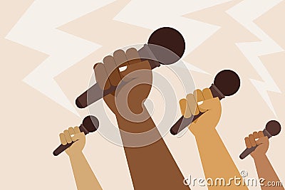 A group of hands holding a microphones. Concept for freedom of speech Vector Illustration