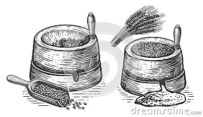 Millstone sketch. Hand mill is an ancient stone tool for grinding grain products and obtaining flour. Vintage vector Vector Illustration