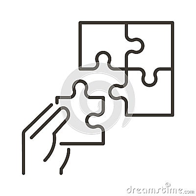 Hand with missing piece of a puzzle set. Vector thin line icon for concepts of problem solving, success, business, education Vector Illustration