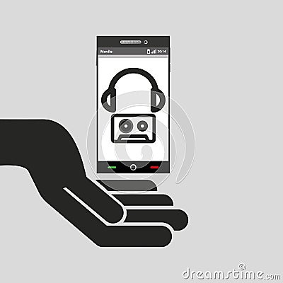 Hand mobile phone headphone cassette music Vector Illustration