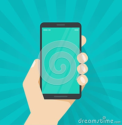 Hand with mobile phone vector illustration, flat cartoon person hand holding smartphone showing cellphone screen or Vector Illustration