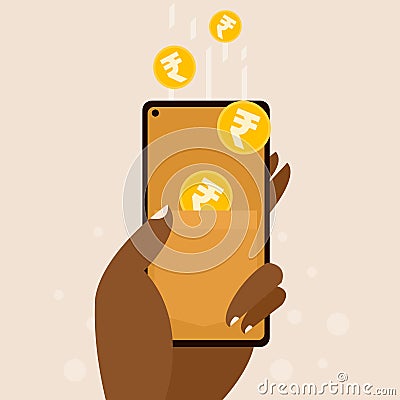 Mobile phone receiving cash payments through internet transaction Vector Illustration