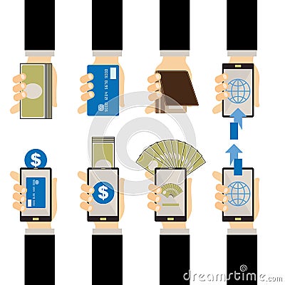 Hand with Money Credit Card and Mobile Payment Vector Illustration