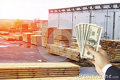 Hand with money dollars against the background of a warehouse with finished boards, wood, planking, dollars Stock Photo