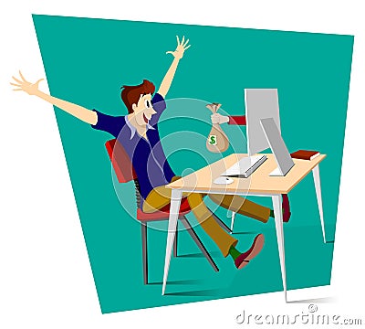 Hand from monitor gives money to happy man. Gambler winner Vector Illustration