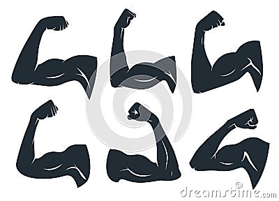 Hand muscle silhouette. Strong arm muscles, hard biceps and power gym vector stencil icons set Vector Illustration