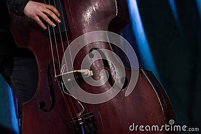 Hand of the musician on the electric upright bass at the live concert. Stock Photo