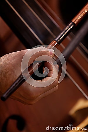 Hand musician playing contrabass Stock Photo