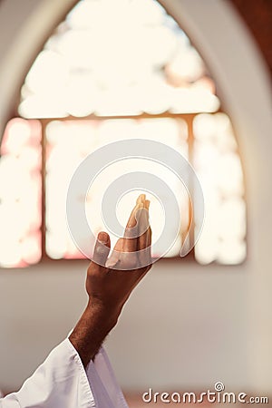 Hand of muslim black man people praying with mosque interior background Stock Photo