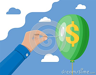 Hand with needle pierces balloon with dollar sign Vector Illustration