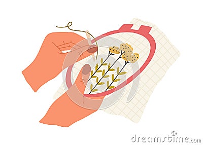 Hand with needle and thread embroidering flowers on canvas in embroidery hoop. Creation of handmade needlework in frame Vector Illustration