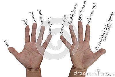 Hand with nine Fruits of the Holy Spirit Stock Photo