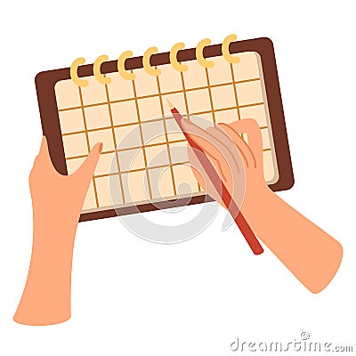Writing daily plan on to-do list form. Hands with pen and personal timetable, reminders in organizer. Vector Illustration