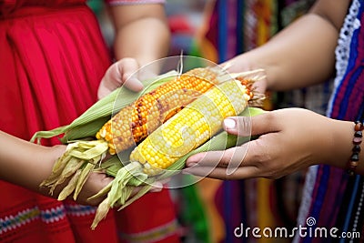 hand offering elote to another hand Stock Photo