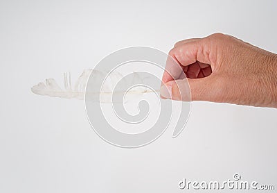 Hand offering white feather - concept. Defeat, cowardice, beaten Stock Photo