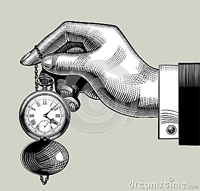 Hand with an old clock. Retro pocket watch Vector Illustration