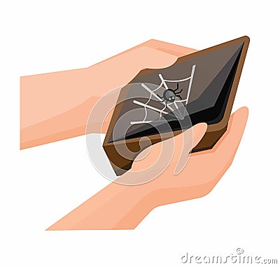 Hand open an empty wallet with little spider flat illustration vector Vector Illustration