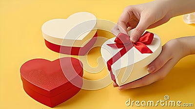 Hand opening a heart-shaped gift box, romantic present concept. Minimalistic style, vibrant colors, celebration Stock Photo