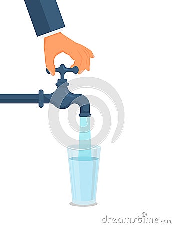 Hand opens or closes a water tap, save water,concept of eco and world water day Stock Photo