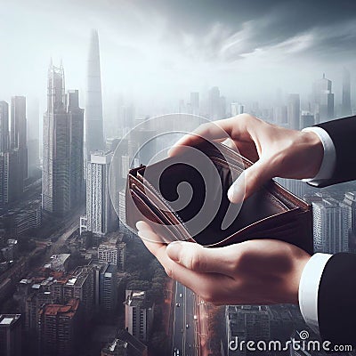 A hand opens a wallet that is empty, Behind is a big city background economic concept generative ai generative ai art Stock Photo