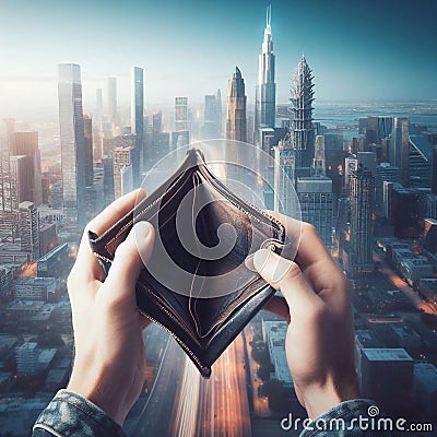 A hand opens a wallet that is empty, Behind is a big city background economic concept generative ai generative ai art Stock Photo