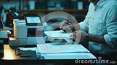 Hand operating a high-tech printer in an office setting, focused on document processing Stock Photo