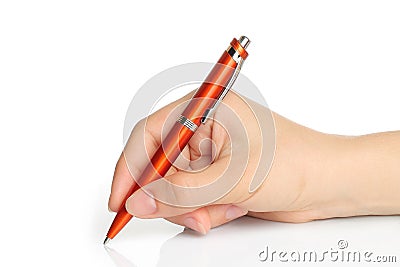 Hand with orange pen Stock Photo