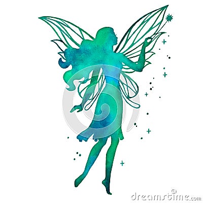 Hand paint fairy with magic wand, watercolor vector silhouette Vector Illustration