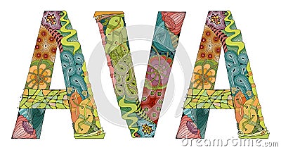 Female name AVA. Vector decorative zentangle object Vector Illustration