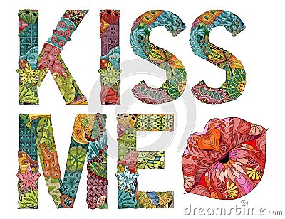 Word kiss me with silhouette of lips. Vector decorative zentangle object Vector Illustration