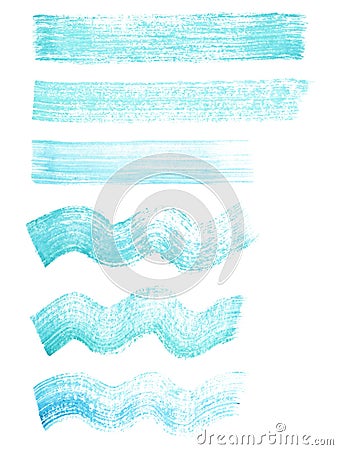 Hand painted blue and turquoise watercolor grunge straight and wavy brushes set Stock Photo