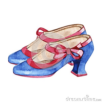 Hand-painted blue watercolor high heel shoes. Isolated illustration. Cartoon Illustration