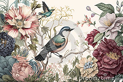 hand-painted botanical illustration of a fantasy garden featuring vintage blooms, birds, and fairies Cartoon Illustration