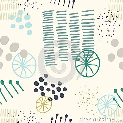 Hand painted brush strokes in navy green, yellow, pastel pink and black on cream background. Seamless abstract repeating Vector Illustration