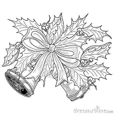 Hand-painted Christmas bells. Sketch illustration with Christmas decoration. Vector Illustration