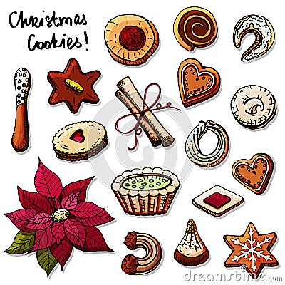 Hand-painted Christmas set with sweet desserts and cookies. Vector Illustration
